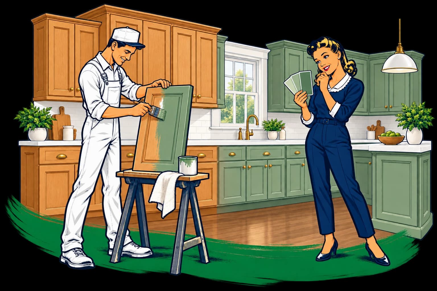 Illustrated kitchen cabinets transitioning from warm oak to fresh sage green, with Allan finishing a door and Alice selecting colors.
